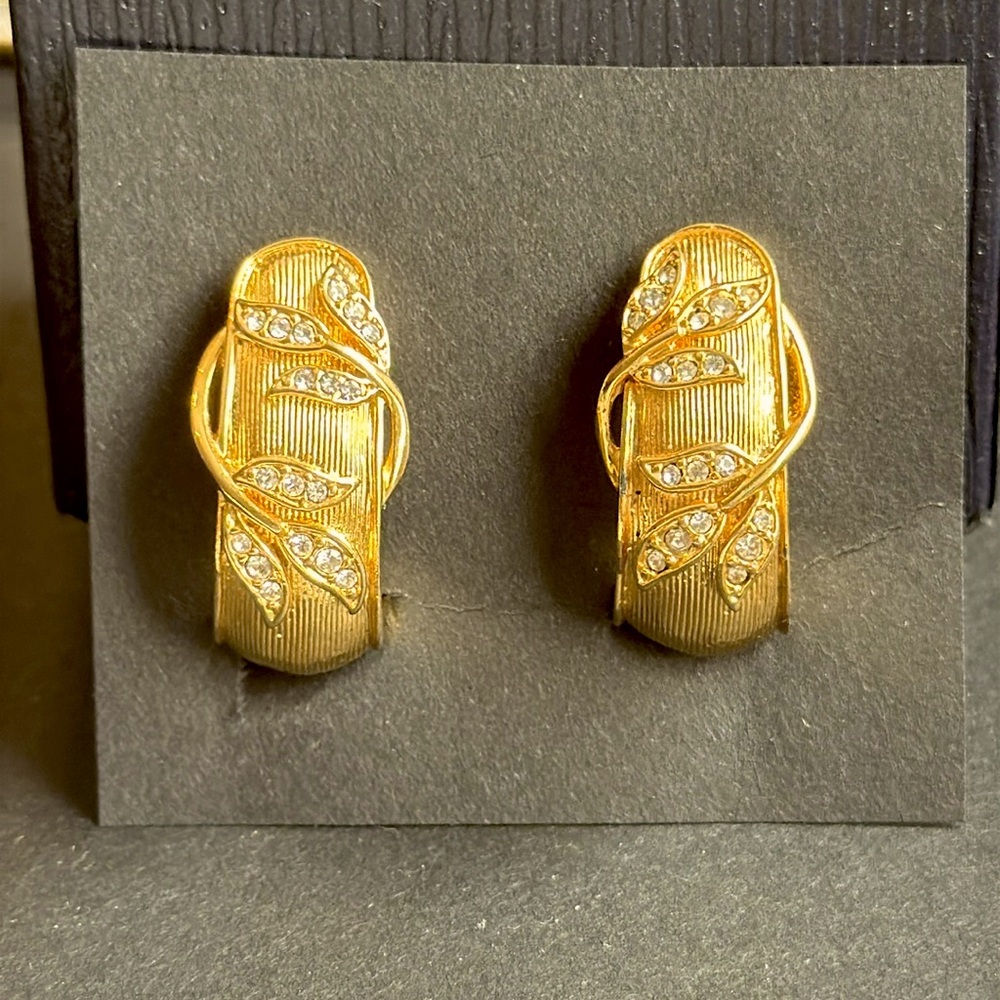 Joan Rivers Signed Classic Half Hoop Clip on Earrings w Rhinestone Leaf Motif